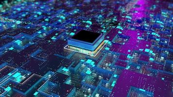Circuit board with a central computer processors CPU, a working digital motherboard chip with thousands of illuminated connections and a purple and blue background. 3d Animation