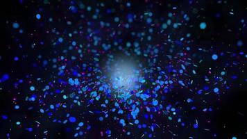 Gruppe blauer und violetter Partikel, die auf einem defokussierten Hintergrund in einem schwarzen Raum schweben. 3D-Animation