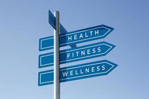 Health, fitness, wellness on signpost on blue sky. Healthy lifestyle concept