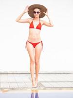 chica sexy chica feliz en bikini rojo usa sombrero y gafas de sol junto a la piscina con pared blanca.