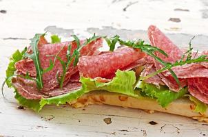 Sandwich with salami, lettuce, tomato and arugula photo