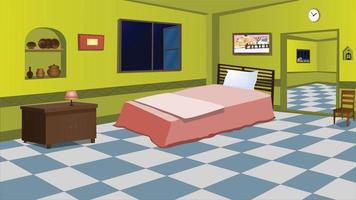 habitación dentro del fondo de dibujos animados de la casa del pueblo con cama acogedora, mesa, ventana, puerta, ilustración de ilustraciones vectoriales de silla. vector