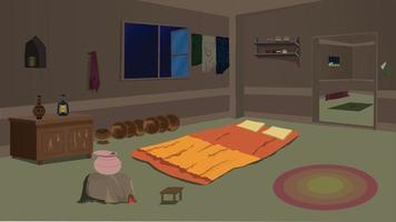 Room inside cartoon background, Poor house with kitchen with bed, table, window, door, chair vector illustration.