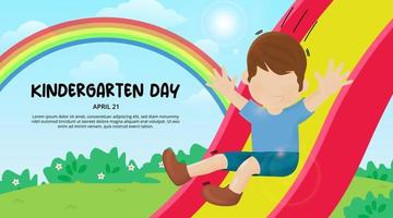 Kindergarten day background with a child playing slide on the playground vector