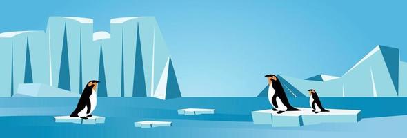 Vector cartoon Arctic ice landscape with iceberg, sea, hills, penguins and snow mountains. Greenland, Arctic or Antarctic illustration in flat style. Global warming concept. Glacier arctic landscape.