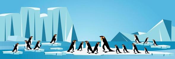 Vector cartoon Arctic ice landscape with iceberg, penguins, sea, hills, and snow mountains. Greenland, Arctic or Antarctic illustration in flat style. Global warming concept. Glacier arctic landscape.