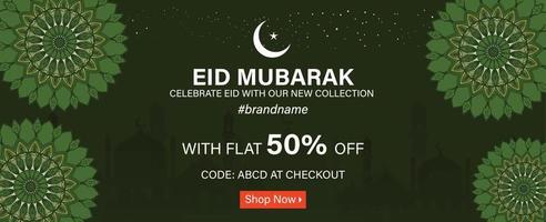 Website Sale Banner Design for ethnic collection in green color and flat 50 percent Off Offer with coupon code vector