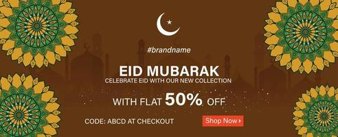 Website Sale Banner Design for ethnic collection in green color and flat 50 percent Off Offers with coupon code vector