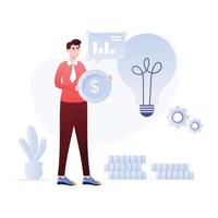 Business person with light bulb and money, flat illustration of entrepreneurship vector