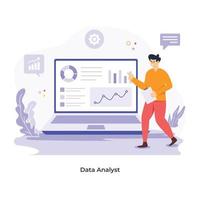 Person monitoring online data, flat illustration of data analyst vector