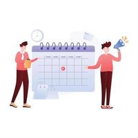 Persons with megaphone and calendar, flat illustration of event management vector