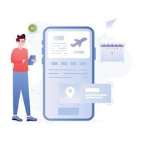 Person checking flight schedule online, flat illustration vector