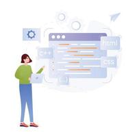 Persons monitoring data online, flat illustration of analytics vector