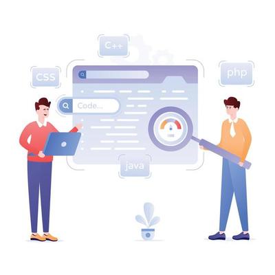 Persons monitoring data online, flat illustration of analytics