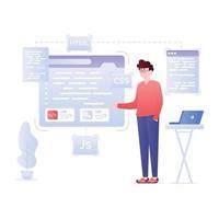 Persons monitoring data online, flat illustration of analytics vector