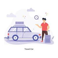 Luggage bags on top of travel car, flat illustration vector