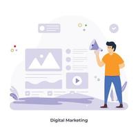 persona que sostiene un megáfono, concepto de ilustración plana de marketing digital vector