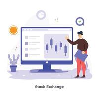 Person monitoring candlestick chart, flat illustration of stock exchange
