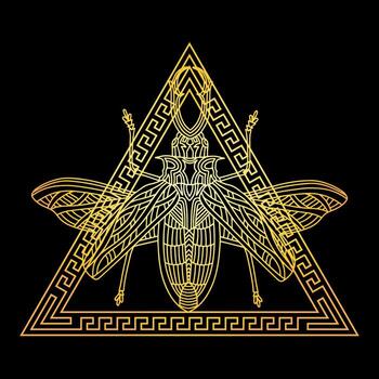 un escarabajo dorado en un marco triangular dorado al estilo griego vector