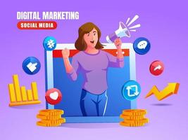 a woman using a megaphone digital marketing social media concept vector