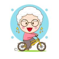 linda abuela montando en bicicleta. ilustración de dibujos animados del personaje chibi aislado sobre fondo blanco. vector