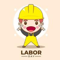 Cute engineer celebrating labor day. Vector chibi character isolated background.