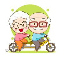 Cute couple grandparents riding bicycle. Cartoon illustration of chibi character isolated on white background.