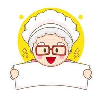 Cute chef grandma holding empty board. Cartoon illustration of chibi character isolated on white background. vector