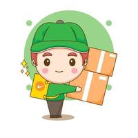 Cute delivery man handover to customer. Cartoon illustration of chibi character isolated on white background. vector