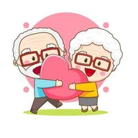 linda pareja de abuelos sosteniendo un gran corazón de amor. ilustración de dibujos animados del personaje chibi aislado sobre fondo blanco. vector