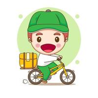 Cute delivery man riding bicycle. Cartoon illustration of chibi character isolated on white background. vector