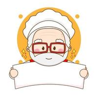 Cute chef grandpa holding empty board. Cartoon illustration of chibi character isolated on white background. vector
