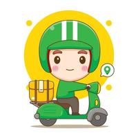 lindo repartidor montando motocicleta con paquetes. ilustración de dibujos animados del personaje chibi aislado sobre fondo blanco. vector