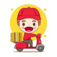 Cute delivery man delivers pizza with motorcycle. Cartoon illustration of chibi character isolated on white background. vector