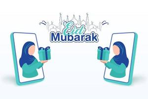 eid mubarak saludo ilustración plana, mujer dando regalos plantilla móvil vector