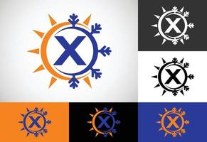 Initial X monogram alphabet with abstract sun and snow. Air conditioner logo sign symbol. Hot and cold symbol. vector