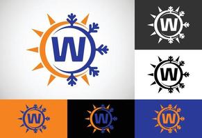 alfabeto inicial del monograma w con sol abstracto y nieve. símbolo del logotipo del acondicionador de aire. símbolo de frío y calor. vector