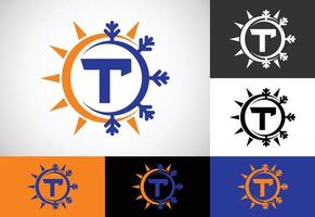 Initial T monogram alphabet with abstract sun and snow. Air conditioner logo sign symbol. Hot and cold symbol. vector