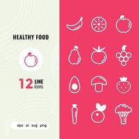 12 iconos de alimentos saludables. contorno blanco, estilo de línea y trazo sobre fondo rojo. colección de iconos delgados para diseño web, aplicación y los proyectos más modernos. vector