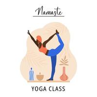 Beautiful and athletic black girl doing stretching. Namaste yoga class bunner. Bright minimalistic design. Vector illustration.