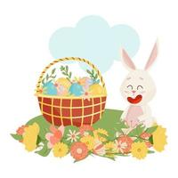 personaje de conejito. sentados en la hierba y riendo divertidos, felices conejos de dibujos animados de pascua con huevos, canasta, flor vector