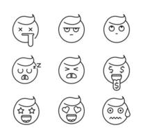 Cowardly sleepy, mercenary, unhappy, in love, crying and so on. Linear icon set. vector