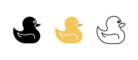 Yellow baby duck toy icon set. Fun and game icon. Child toy set. Editable row set. Silhouette, colored, linear icon set. vector