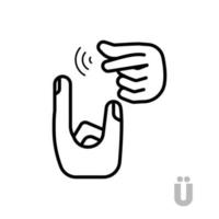 Letter U latin and handicapped hand alphabet letter. Simple clear linear letter U, hand language. Learning the alphabet, non-verbal deaf-mute communication, expressive gestures vector. vector