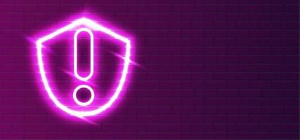 LED red-violet super bright neon firewall-shield attention icon type. Realistic neon exclamation mark. Trench security. Security shield night show on the wall. Wall Background. vector