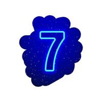 LED blue glow neon number type. Realistic neon explosion. Number 7 night show among the stars. Vector illustration of big numeral type. 3d Render Isolated On White Background.