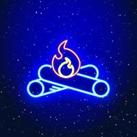 Neon light burning wood design. Linear fire and wood design. Fire sign in space. Unique and realistic neon icon. Linear icon on blue background.