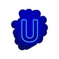 LED blue glow neon font. Realistic neon explosion. Letter U Alphabet of night show among the stars. Vector illustration uppercase font. 3d Render Isolated On White Background.