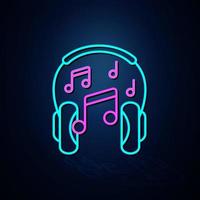 los auriculares y el ícono de la nota musical en color neón se ven claros. icono de línea de neón. ícono musical de entretenimiento y karaoke. icono de neón. vector