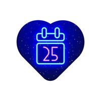 Neon blue calendar icon. Realistic sky neon 25 december icon. Calendar icon in neon heart. Isolated On White Background. vector